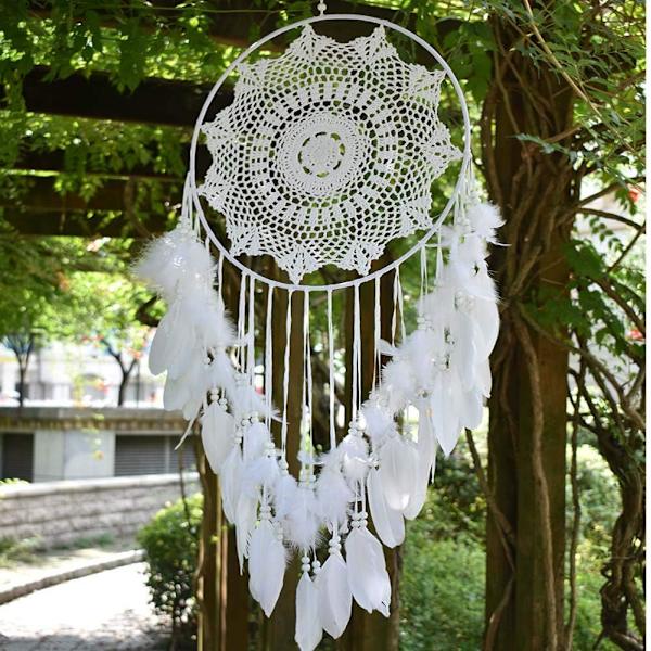 Stor Boho Drømmefanger Hvid Fjer Makrame Vægophæng Vintage Bryllup Hjem Dekorationer 40cm Cirkel 115cm Lang