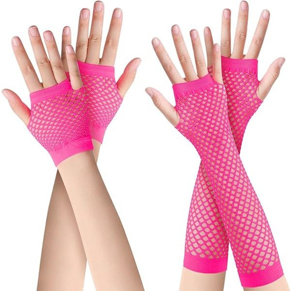 2 par lange og korte fiskenet handsker (rose) Fingerless fiskenet handsker Mesh handsker 80'er fiskenet handsker Handsker til 80'er fancy dress tilbehør