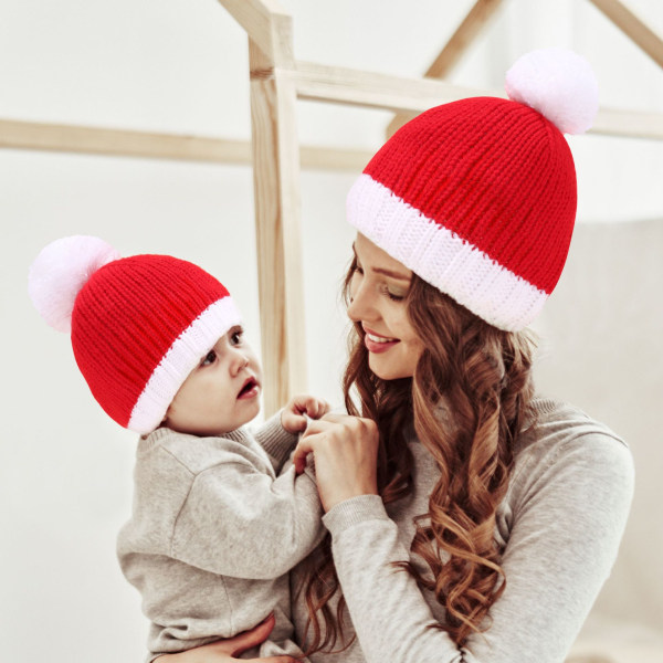 2 stycken höst och vinter ullboll mamma baby stickning pullover mössa röd jul varma handskar mössa