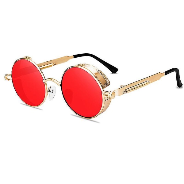 Aikuisten Steampunk Cyberpunk Pyöreät Aurinkolasit Vintage Retro Ympyrälasit Gold Frame Red Lenses