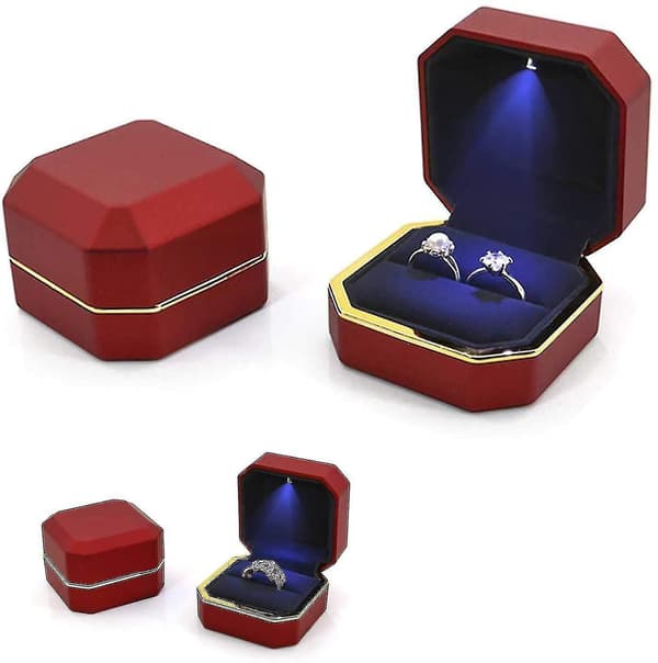Lyxig ringask, fyrkantig sammetsringask med LED-ljus Red