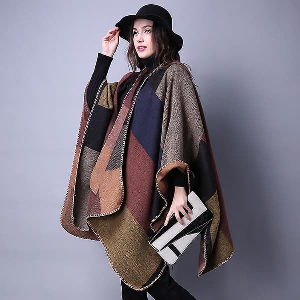 Kvinners Vinter Reversible Oversized Teppe Poncho Cape Sjal Cardigansrød