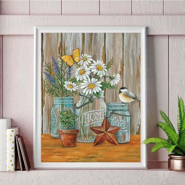 Diamantmålningssats för vuxna, DIY 5D runda full diamant vit blomma diamantkonst, perfekt för hemfritid och väggdekoration