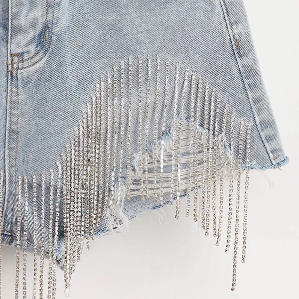 Sommarripped jeans shorts femme hög midja diamant tofs Y2k casual botten för damer denim shorts damkläder mode S