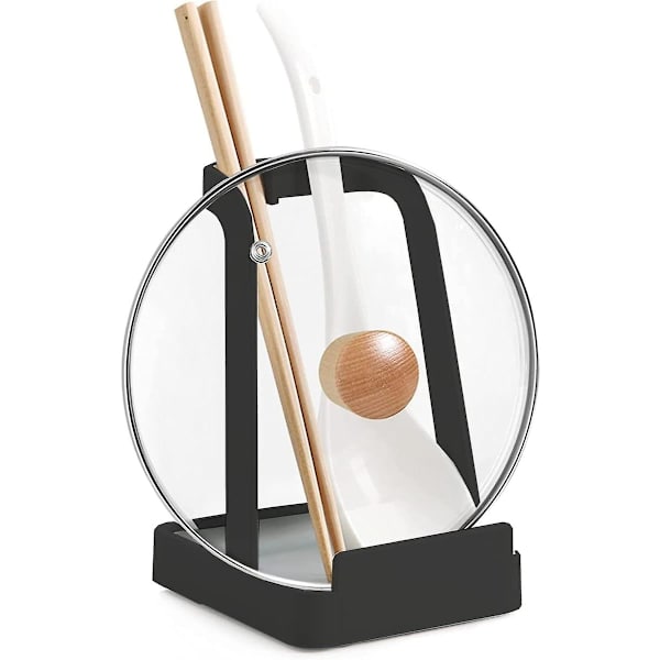 Gryde- og skeholder i stål - Multifunktionel bakke til grydelåg, kogegrej, spatel, skærebræt osv. Black