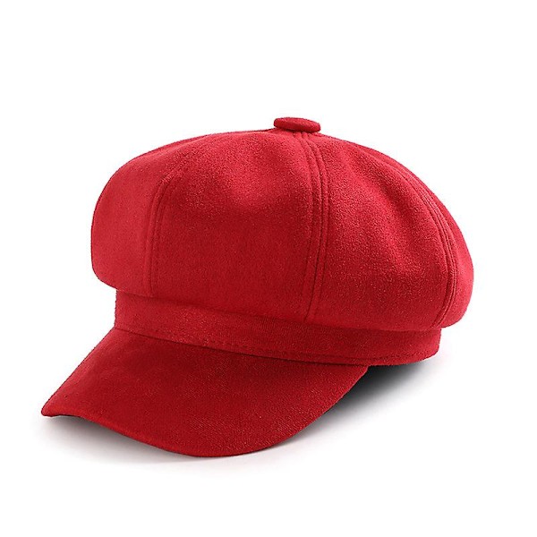 Damehatt åttekantet caps hjortelfløyel åttekantet caps britisk basker høst vinter retro caps Red
