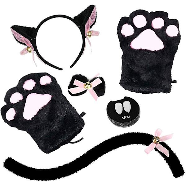 Katt Cosplay Kostym - 5 Delar Set Kattöron & Svans Med Krage Tassar Handskar