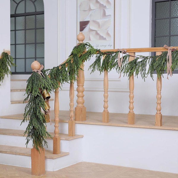 9FT Real Touch Norfolk Pine Girlang - Konstgjord Julgirlang Grön Lång Faux Pine Girlang för Semesterfönster Eldstad Inomhus Utomhus Deko