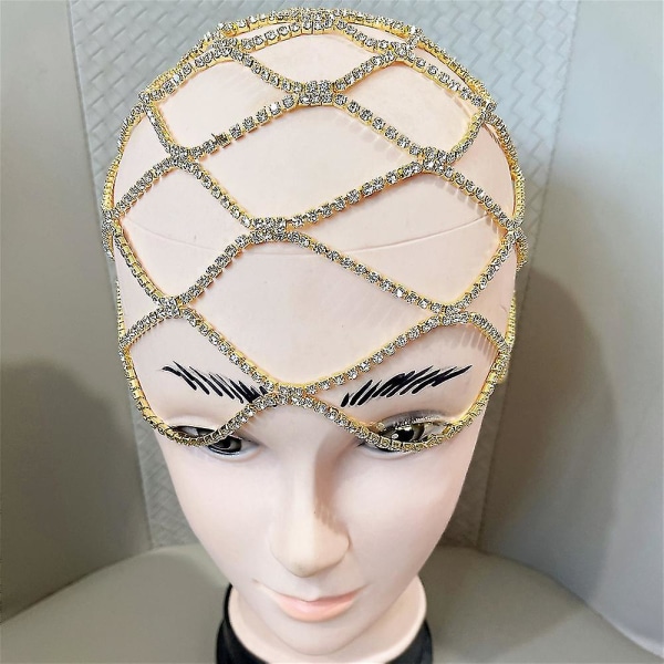 Kvinnor Hollow Strass Mesh Headpiece Bröllop Head Chain Smycken Crystal Pannband Hårtillbehör Gold
