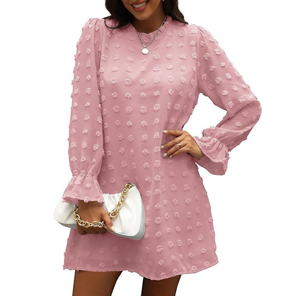 Bubbla Chiffon Jacquard Bottenklänning med Lång Ärm Pink XL