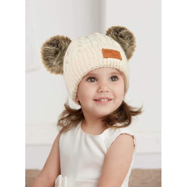 Spädbarn Småbarn Ullmössa Enfärgad Vinter Twist Dubbel Pom Pom Stickad Mössa Beige