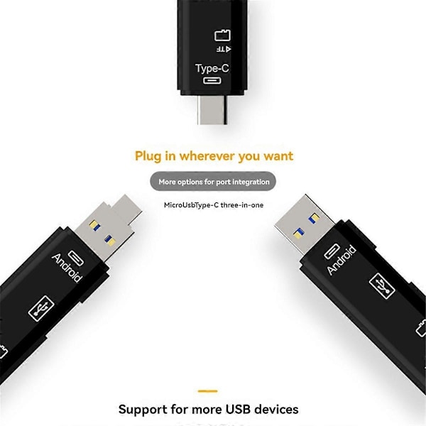 3-in-1 kortinlukija OTG-toiminnolla, tukee USB 2.0 / Type C / USB -toimintoa, Micro-USB muistikortti, musta