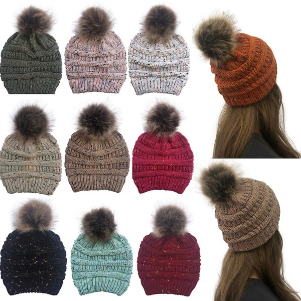 Vinterhue Strikket Hue Konfetter Varm Pompom Hue Til Kvinder Sort Beige
