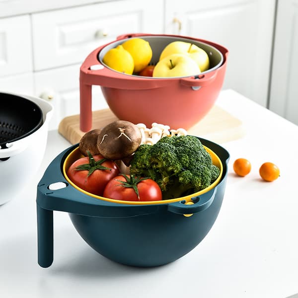 Blå och gul, röd och grå, plast sil, köksredskap, ergonomiska kanter, hällpip, praktisk och solid 1-pack