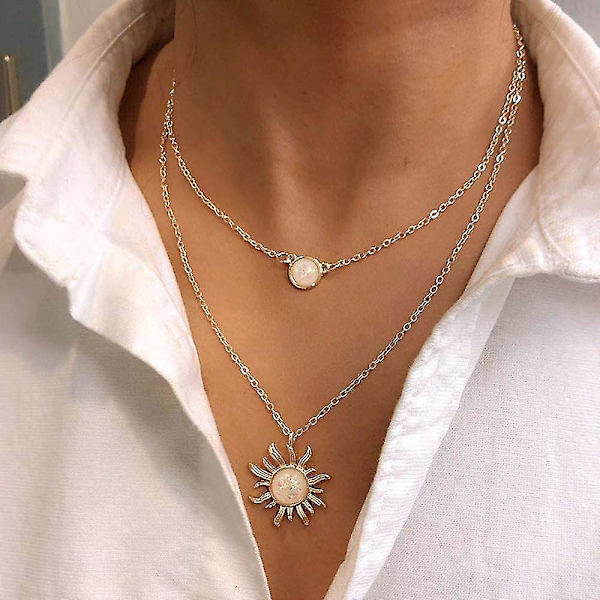 Måne Sol Lagdelt Choker Dobbel Kjeder Solsikke Med Krystall Anheng Sjarmarm Bånd Smykker Bff Gaver Til Kvinner Jenter