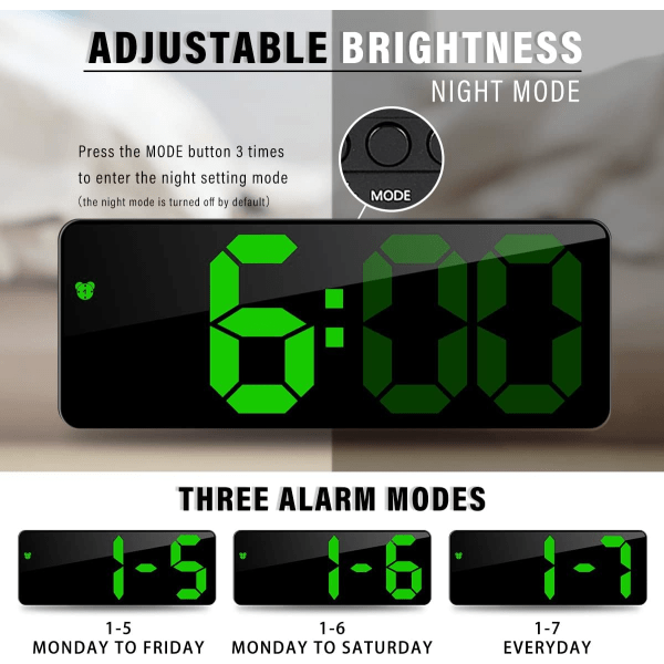 6,7\" LED Digital Spegelklocka Sängbordslarm Klocka Morgon, Röstaktiverad/Icke Tickande/Snooze/Temperatur/Datum Tid Justerbar Ljusstyrka, Grön