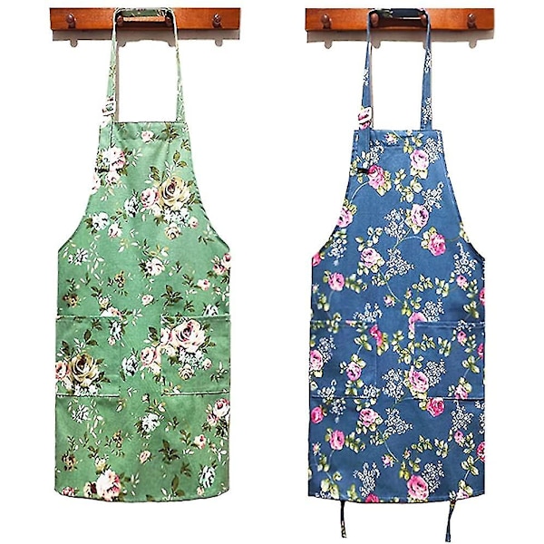 Kvinnors köksförkläde-2-pack, bomullsduk blomma förkläde, blommigt mönster förkläde Wit