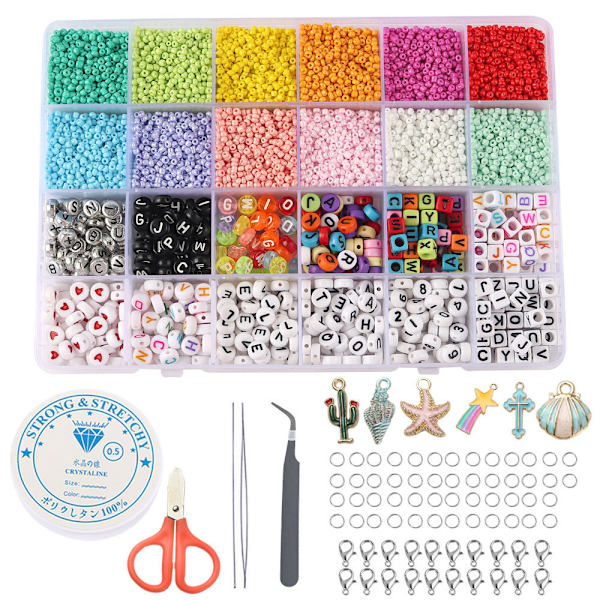 24 rutnät perforerade glas hirsfrön pärlor, akryl bokstavspärlor, DIY smycken pärlor material