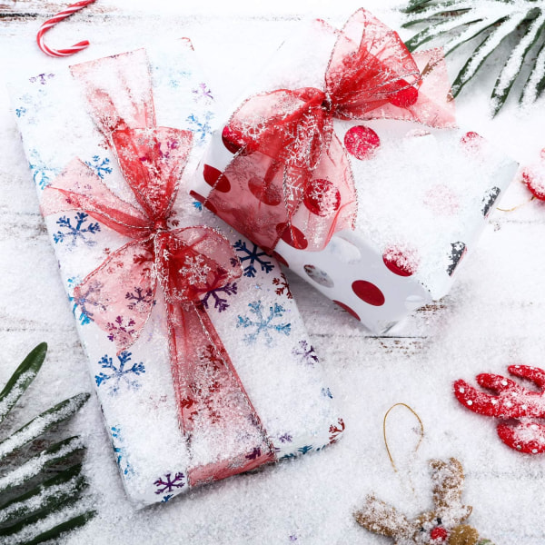 Förpackning 6,3 cm 11 yards Organzaband Snöflingor Trådlöst klart glitterband med spole för juldekoration, presentförpackning, festdekoration Röd