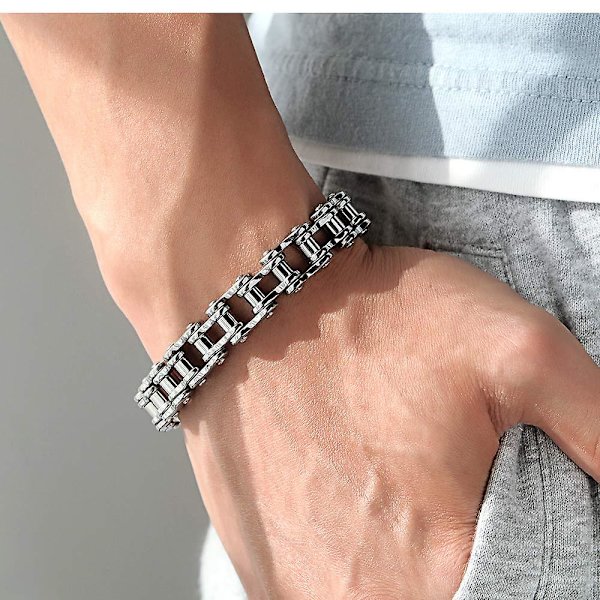 Herr armband i rostfritt stål cykelkedja biker motorcykel kedjelänk kedja Silver