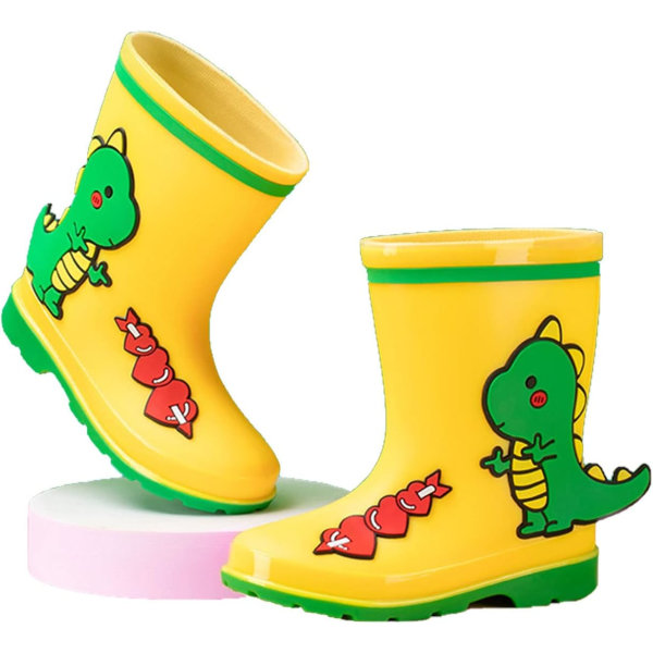 Barneregnstøvler for gutter og jenter, tegneserie små dinosaurregnstøvler gule, for 10 år gamle barn