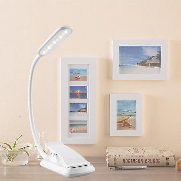 Leselampe med klips, lesebeskyttelse for øyne, USB, liten boklampe for studenter White