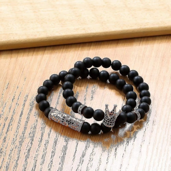 Black Matte Beads Bracelets 8mm Onyx Stone Bracelets Sets Charm King Crown