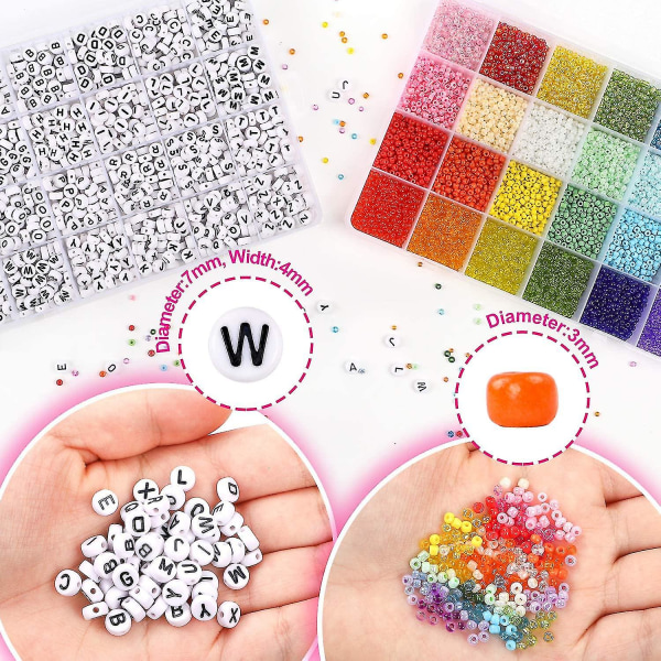 Craft Beads Kit 10800stk 3mm Glass Seed Beads Og 1200stk Bokstavperler Til Vennskapsarmbånd Smykkefremstilling Halskjeder Og Nøkkelringer Med 2 Ruller O