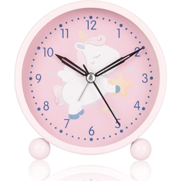 Barn Analog Klocka Pojke Flicka Larmklocka, Tyst Icke-Tickande Larmklocka, Snooze Sängbordslarmklocka, Lätt att Ställa in och Batteridriven Rosa Enhörning