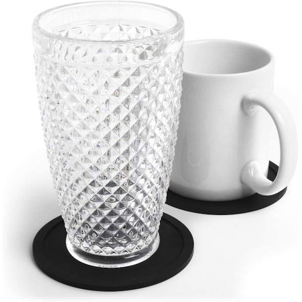 BPA-frie silikonunderlag, sett med 8 underlag - runde, for ølglass, kaffekopper, tekopper og flasker - fester, hjem, kontor og mer - svart