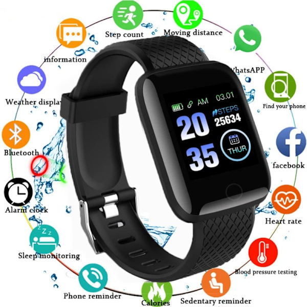 Smart armbånd beskedpåmindelse farveskærm hjertefrekvens Bluetooth træningsmåler smartwatch sort