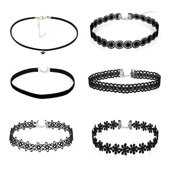 6 stk. svart blonde choker halskjede sett fløyel choker klassisk choker halskjede lagdelt svart choker halskjeder søt