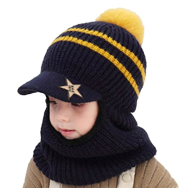Varmare stickad cap för barn pojke fleecefodrad hals varmare balaclava brätte hatt
