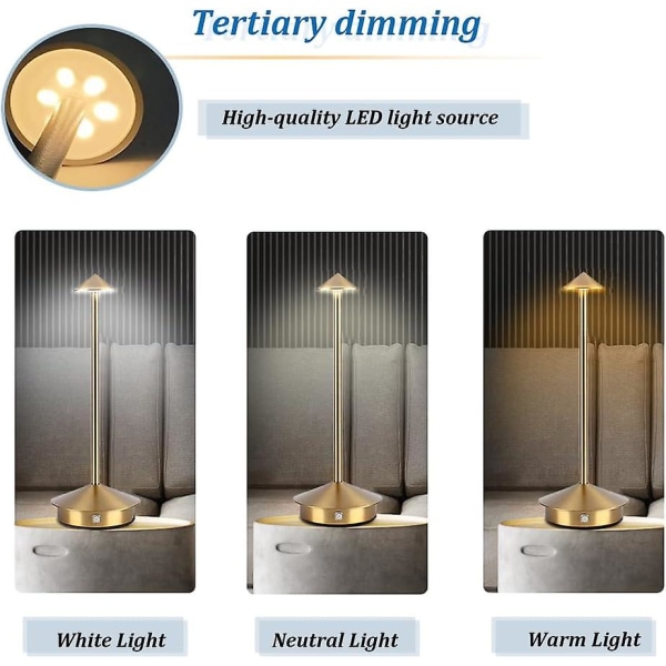 Bærbar LED-bordlampe med berøringssensor, 3-nivåer lysstyrke metall skrivebordslampe, 3 farger berøringskontroll oppladbar lampe, nattlys, nattbordslampe, di Golden