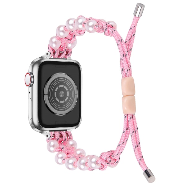 Pearl Nylon hihna, joka on yhteensopiva Apple Watch hihnan kanssa 40 mm 38 mm naisten tytöille, säädettävä Pearl Jewelry Weave Nylon Pink