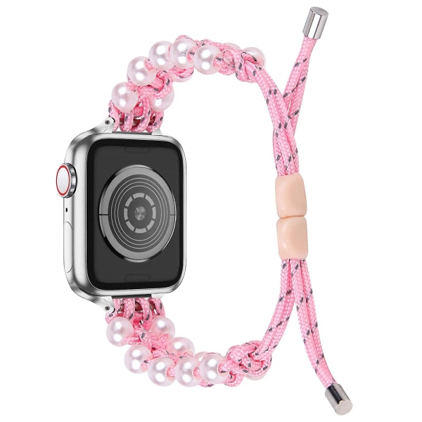 Perlenylonsrem kompatibel med Apple Watch-rem 40mm 38mm for kvinner jenter, justerbar perle smykker veve nylon Pink