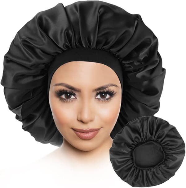 Satin Nat Bonnet - Silke Nat Hår Bonnet - Blød Elastisk Satin Bonnet Tilpasset Alle Kvinder (Sort Farve)