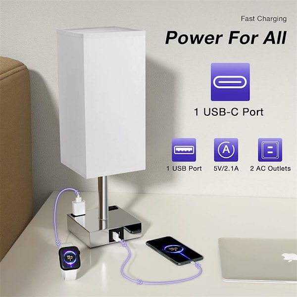 Liten bordslampa Modern enkel studie USB+A laddningsport AC-uttag Amerikansk touch dimbar sovrum sänglampa