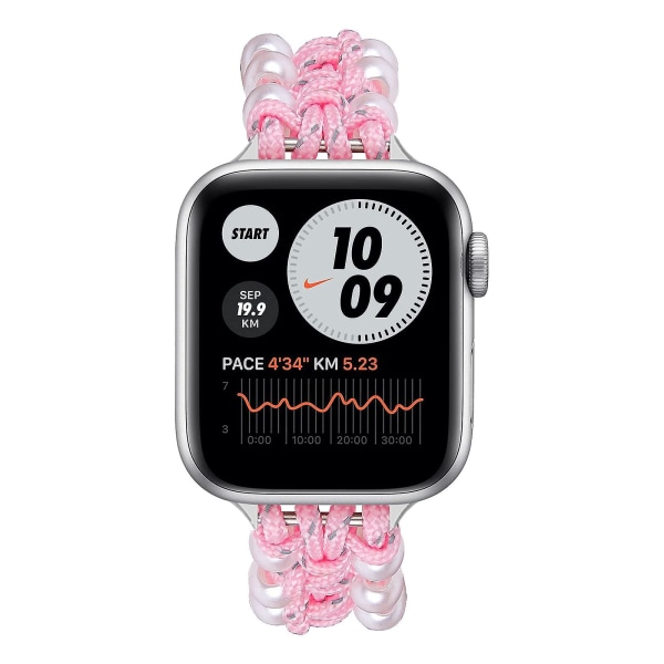 Pärlnylonrem kompatibel med Apple Watch-rem 40mm 38mm för kvinnor flickor, justerbar pärlsmycke väv nylon Pink