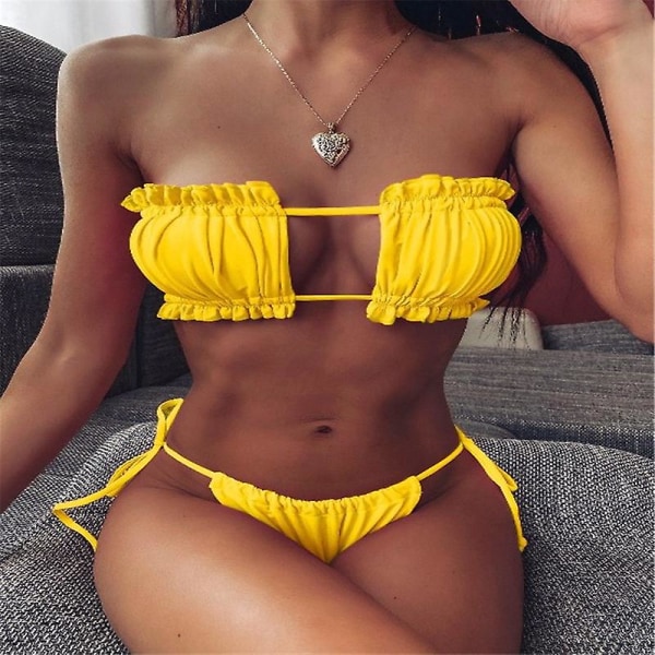 Sexy Bikini Plissert Bandeau Badedrakt Dame Badetøy Kvinner Mini Thong Bikini Sett Svømming Strandklær Yellow S