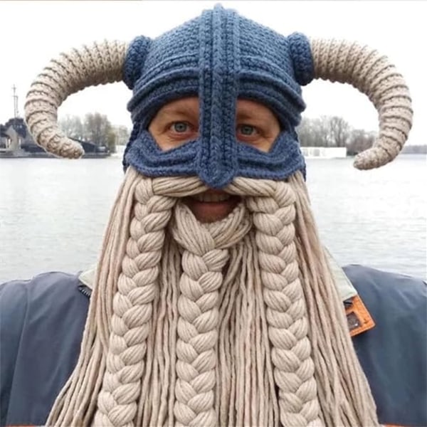 Vuxen skäggig Viking stickad mössa Barbarian Horn Virkad Handgjord Peruk Mask Herr Varm Rolig Ski Hat
