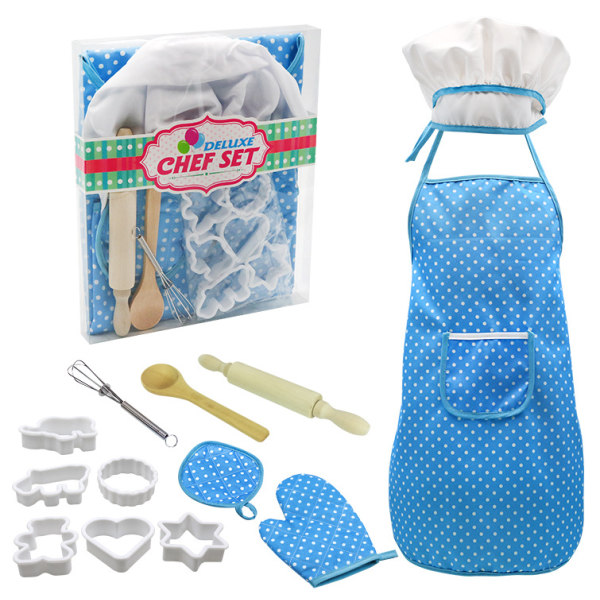 Köksleksak för barn, set med köksredskap för flickor, bakverktyg, tårtförkläde, kockmössa, blå