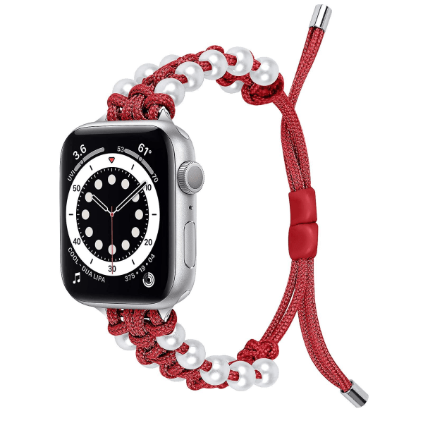 Pearl Nylon hihna, joka on yhteensopiva Apple Watch hihnan kanssa 40 mm 38 mm naisten tytöille, säädettävä Pearl Jewelry Weave Nylon Red