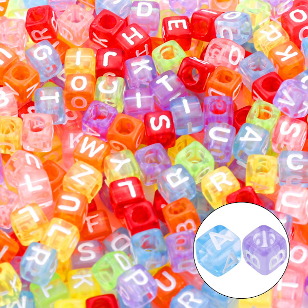 1400 stk. 5 farver akryl alfabet terningperler bogstavperler med 1 rulle 50 m krystal snor til smykkefremstilling 6 mm B