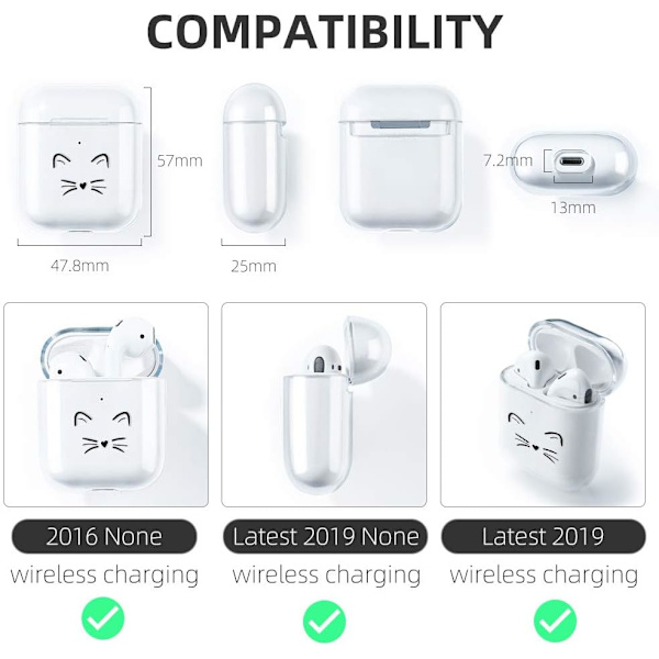 Katt AirPods-fodral, kompatibelt med AirPods 2 & 1-fodral transparent silikon skyddande fodral AirPods-fodral (främre LED synlig) stöttåligt fodral