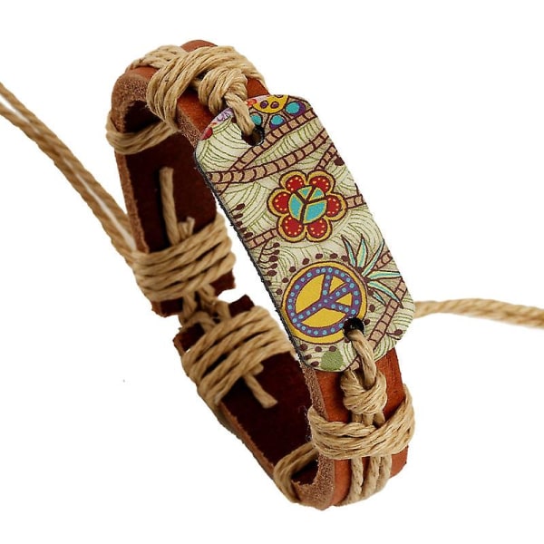 Populära smycken hampa rep flätat läder läderarmband retrostil värmeöverföring patch fredsskylt läderarmband