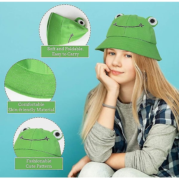 Fiskehatte til kvinder - Fiskehat med frø - Solhat - Unisex spandhat - Sammenfoldelig udendørs sommerhat til camping og vandreture Green