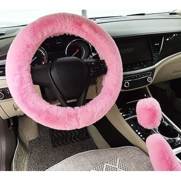 Tykk kunstig pels vinter varm og fluffy bilrattdeksel+girdeksel+håndbrekkdeksel-3 deler/sett rosa