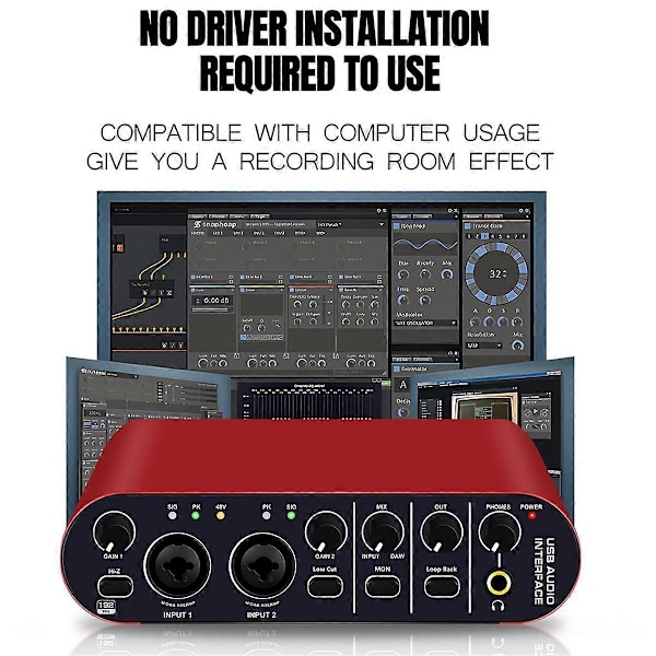 Professionellt 24Bit 192KHz Ljudinterface 2 Ingångar Ljudkort för Elgitarr Extern Studio PC Inspelningsstämmare