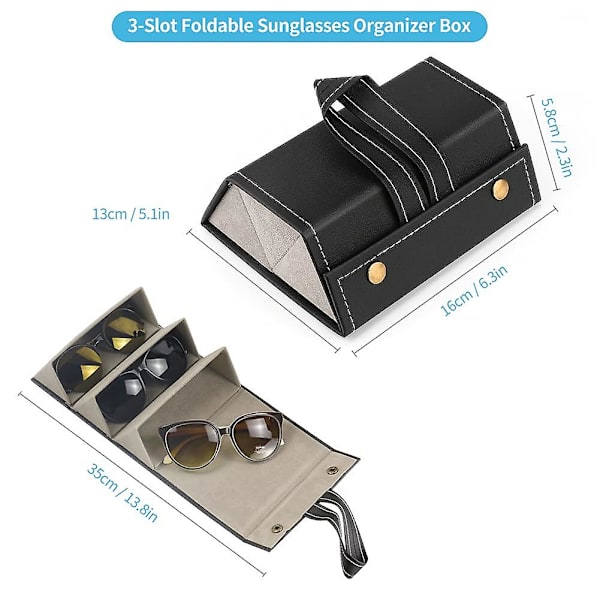Glasögonförvaringslåda, 3-fack glasögonförvaringslåda glasögonförvaring organizer låda PU läder solglasögon glasögon Black
